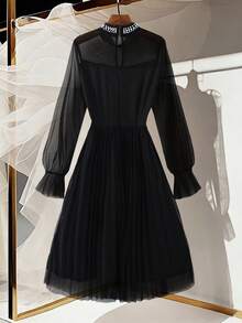 GlowEve 2026春夏新款女士网纱透视串珠奢华优雅网纱连衣裙 - 黑色 - 查看 2