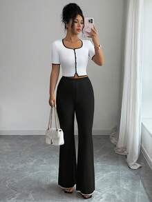 Elenzga Bộ trang phục công sở thường ngày thanh lịch dành cho nữ, gồm áo và quần cài cúc phía trước. - Đen và trắng - Xem 6