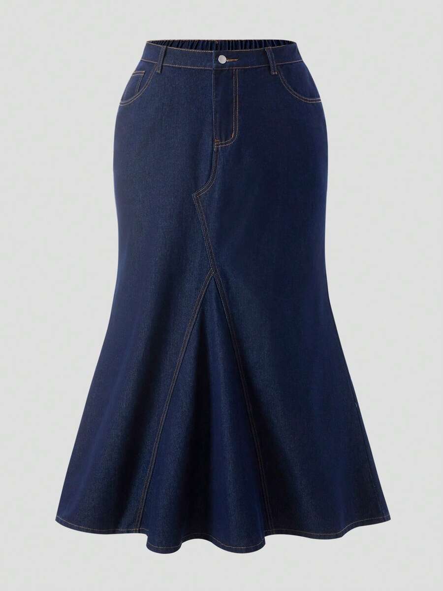 SHEIN MOD Falda de mezclilla de lavado oscuro con diseño de cola de sirena, cintura elástica y bajo acampanado de largo midi para mujer - Azul lavado oscuro - Ver 1