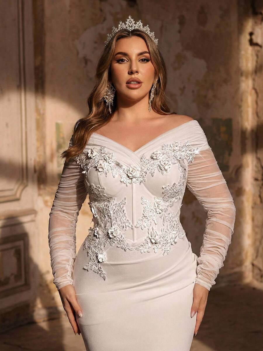 Glamrae 大码优雅浪漫白色露肩长袖薄纱奢华贴花装饰美人鱼裙摆连衣裙，适合婚礼、新娘礼服、情人节等场合。