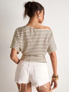 Freevana 波西米亚风罗纹露肩休闲T恤，针织修身短款宽松上衣，性感露肩短款百搭上衣 - 彩色 - 查看 2