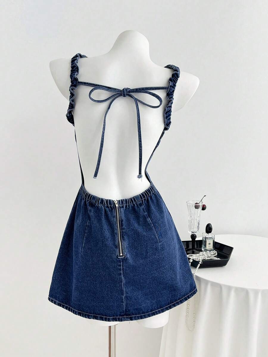 Elamini Sexy Open Back Bow Tie Washed Denim Dress