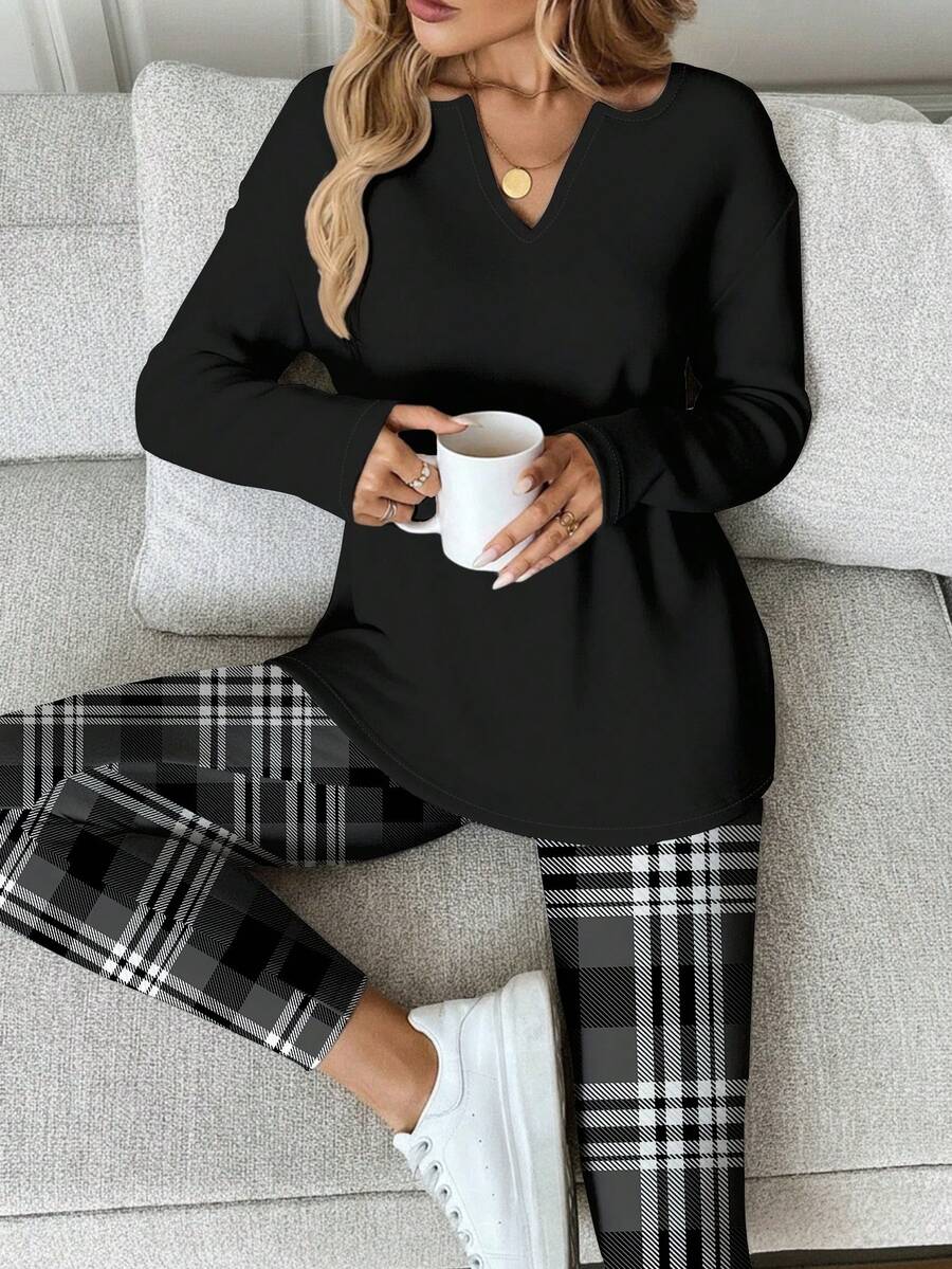 SHEIN LUNE 2pcs/Set Kaos Lengan Panjang Motif Kotak-kotak dan Legging Ukuran Besar untuk Wanita, Musim Gugur/Dingin - MultiWarna - View 1
