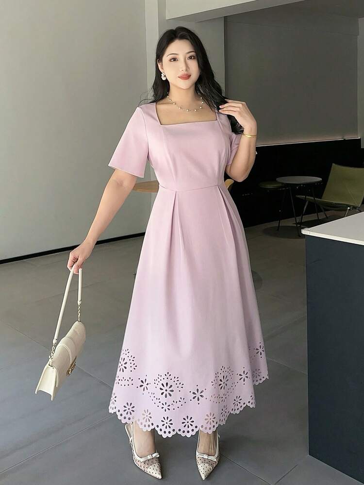 Dazy Plus Plus Size Women's Elegant Solid Color Square Neck Hollow Out Long Dress, Pink, Spring/Summer Dress Sundress