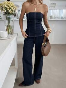 Livesso Women's Casual Loose Denim Tube Top And Wide Leg Pants Set, Vacation Style, Spring/Summer - Blue - View 6