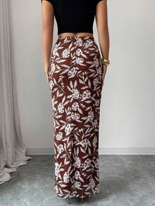 Rafferiza Women's Elegant Floral Print Bodycon Slit Mesh Midi Skirt