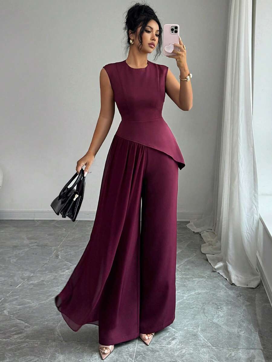 SHEIN Elenzya 女士雪纺拼接圆领不对称下摆无袖上衣搭配宽松阔腿裤两件套，优雅复古法式风格，适合通勤、商务、度假、休闲、春夏穿着。 - 紫紅色 - 查看 1