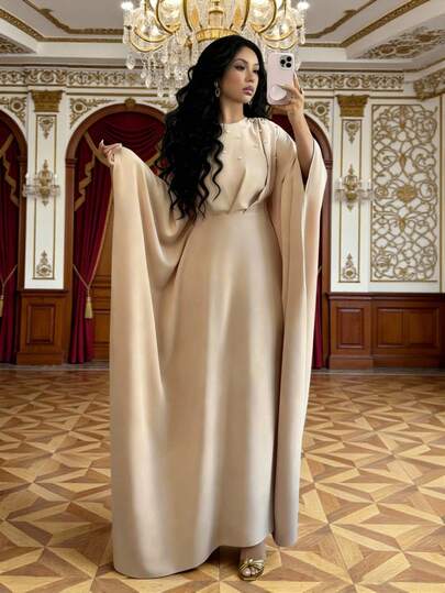 SHEIN Raffinéa 柔杏色珠光蝙蝠袖优雅长裙