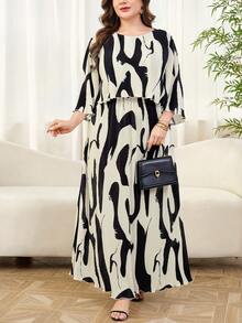 Reflora 大码女式印花圆领七分袖休闲宽松连衣裙 - 黑與白 - 查看 9