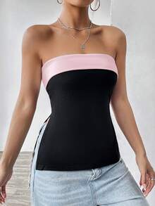 SHEIN EZwear Áo quây nữ kiểu Y2K phối màu tương phản, đen và hồng, mùa hè. - Nhiều màu - Xem 6