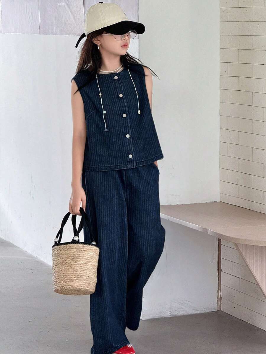 Dazy Kids Tween Girls' Sleeveless Casual Fashionable Versatile Denim Set