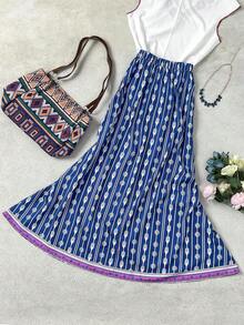 EMERY ROSE 女士新款弹力腰印花度假半身裙，适合通勤、圣诞节、新年、街头风、法式浪漫风、休闲风、中东复古风、下午茶、派对、感恩节、返校季、春夏等场合。 - 藏蓝色 - 查看 2