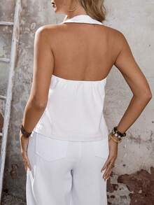 EMERY ROSE Women's Casual V-Neck Backless Halter Denim Blouse, Summer - White - View 2