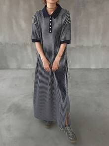 FRIFUL Vestido casual recto de tela a rayas con cuello polo y media cremallera para mujer - Blanco y Negro - Ver 2