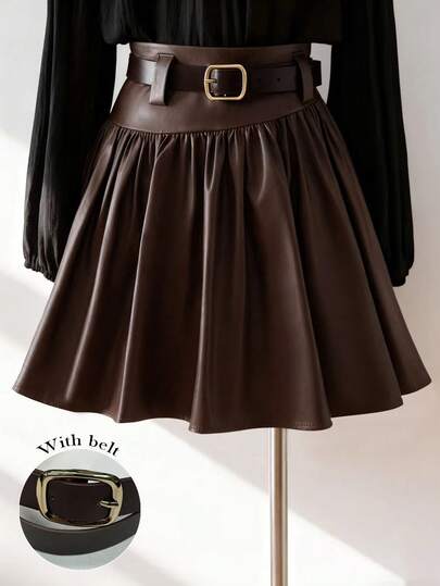 Franclia Women's Solid Color PU Leather Pleated Mini Skirt