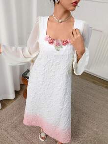 Yasmyna Women's Elegant Arabic Style Chiffon Dress With Textured Gradient Patchwork, Long Sleeve, Stand Collar, A-Line Silhouette, Spring/Summer