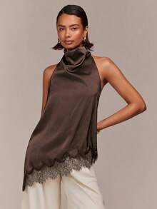 COSMINA Satin Brown Asymmetric Hem Lace Patchwork Sleeveless Camisole Top, Casual Elegant Office Commute Modern Y2K Spaghetti Strap Blouse, Halter Top, Brown Top, Cowl Neck Top, Casual Top, Lace Satin Top, Summer And Spring Top, Going-Out Top - Brown - View 1