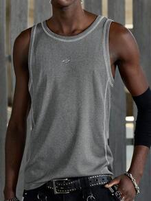 NEON BLANC Stretchy Ribbed Gym Tank Top Men | White Stitch Athletic Sleeveless Shirt - Grey - View 4