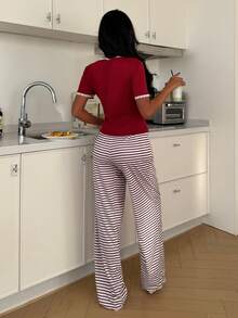 SHEIN Women's Casual Lace Trim Square Neck Short-Sleeved Top Striped Print Long Pants Pajama Two Pieces Set - Burgundy - View 2