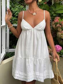 MainGRL 白色梭织露背吊带棉质连衣裙，休闲度假款 - 白色 - 查看 7