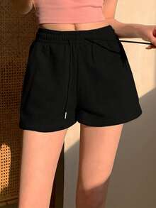 Joudiya Women Casual Solid Color Drawstring Waist Shorts, Summer Sweater Shorts - Black - View 6