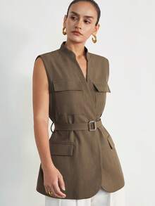 Aveloria Modichic Oversized Sleeveless Vest, Retro Vintage Style, Commuter Loose Fit, High-End Elegant Waist Cinched Blazer Vest, Women Top - Coffee Brown - View 4