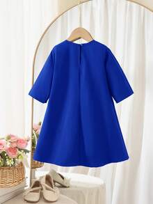 SHEIN Đầm dài tay dáng rộng thanh lịch và dễ thương màu đỏ cổ điển trang trí ruy băng vàng cho bé gái. - Màu xanh lam - Xem 8