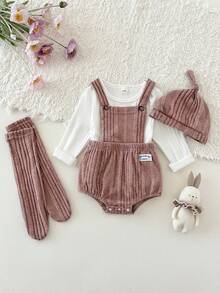 4pcs/Set Baby Girl Newborn 0-3T White,Summer,Basic,Cute,Matching Family Textured Ribbed Crew Neck Long Sleeve Bodysuit,Bib Overalls,Shorts,Hat&Tights - Multicolor - View 9
