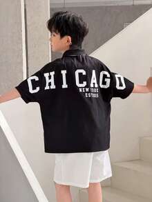 SHEIN 1件装青少年男童休闲舒适百搭字母印花蝙蝠袖衬衫，适合春夏穿着 - 黑色 - 查看 4