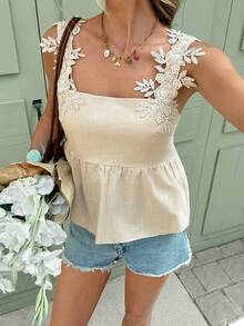 Serisse 100%纯棉夏季新款蕾丝贴花吊带背心，女士夏季细肩带100%纯棉刺绣花卉蕾丝拼接上衣，舒适亲肤面料，适合外出/度假，夏季沙滩度假必备单品 - 杏色 - 查看 9