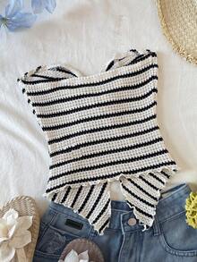 SHEIN Tween Girl Striped Twist Ruched Asymmetric Hem Fashionable Versatile Party Wear Top - Black and White - View 2