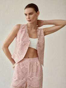 MOTF PREMIUM FASHIONABLE & ELEGANT CUSTOM-MADE SLEEVELESS VEST, LIGHTWEIGHT LUXURY LACE BEADED TRIM V-NECK FITTED VEST, SPRING/SUMMER - Pink - View 3