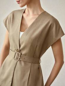 MOTF PREMIUM 2PCS WOMEN'S FASHION V-NECK BELTED VEST AND WIDE LEG PANTS SET, SUITABLE FOR COMMUTING, SPRING/SUMMER - Army Green - View 2