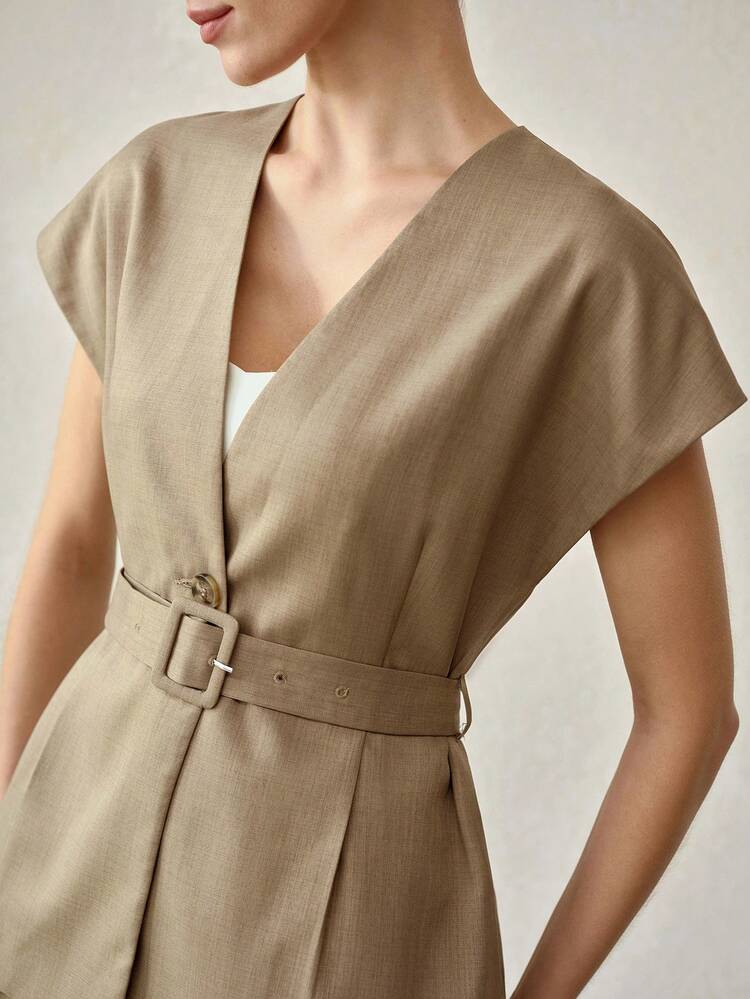 2PCS WOMEN'S FASHION V-NECK BELTED VEST AND WIDE LEG PANTS SET, SUITABLE FOR COMMUTING, SPRING/SUMMER