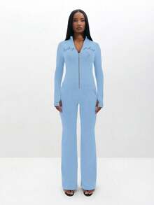 BABYPHAT 长袖拉链上衣，印花图案，带拇指孔，适合休闲居家穿着 - 淺藍色 - 查看 3