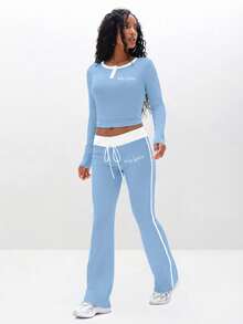 BABYPHAT Ribbed Knit Flare Pants With High Waist Drawstring Casual Jogger Style Wide Leg Trousers For Loungewear - Multicolor - View 2