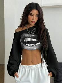 Coolane Casual Street Style Black Base Black & Gray Mouth Print Graphic Off-Shoulder Cropped Sweatshirt, Suitable For Fitness, Dance, Autumn/Winter, Spring, Versatile