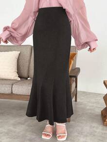 DAZY Rok Midi Minimalis Warna Polos untuk Wanita, Cocok untuk Pakaian Sehari-hari - Grey - View 2