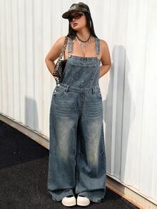 SHEIN Jeanoir Bộ jumpsuit quần jean ống loe dáng rộng, phong cách Y2K, cổ điển, hoài cổ, dành cho người có thân hình mũm mĩm. - Rửa tối - Xem 5