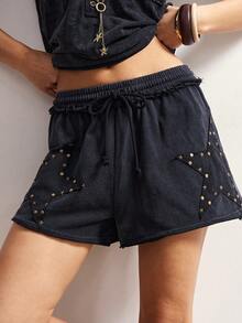 Bohemela Quần short nữ màu đen đính sao và sequin, kiểu dáng thường ngày cổ điển, cạp chun điều chỉnh được, thích hợp cho mùa hè. - màu đen - Xem 8