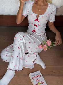 CottageSlumber Bộ đồ ngủ dệt kim ren in hình quả anh đào - Nhiều màu - Xem 4