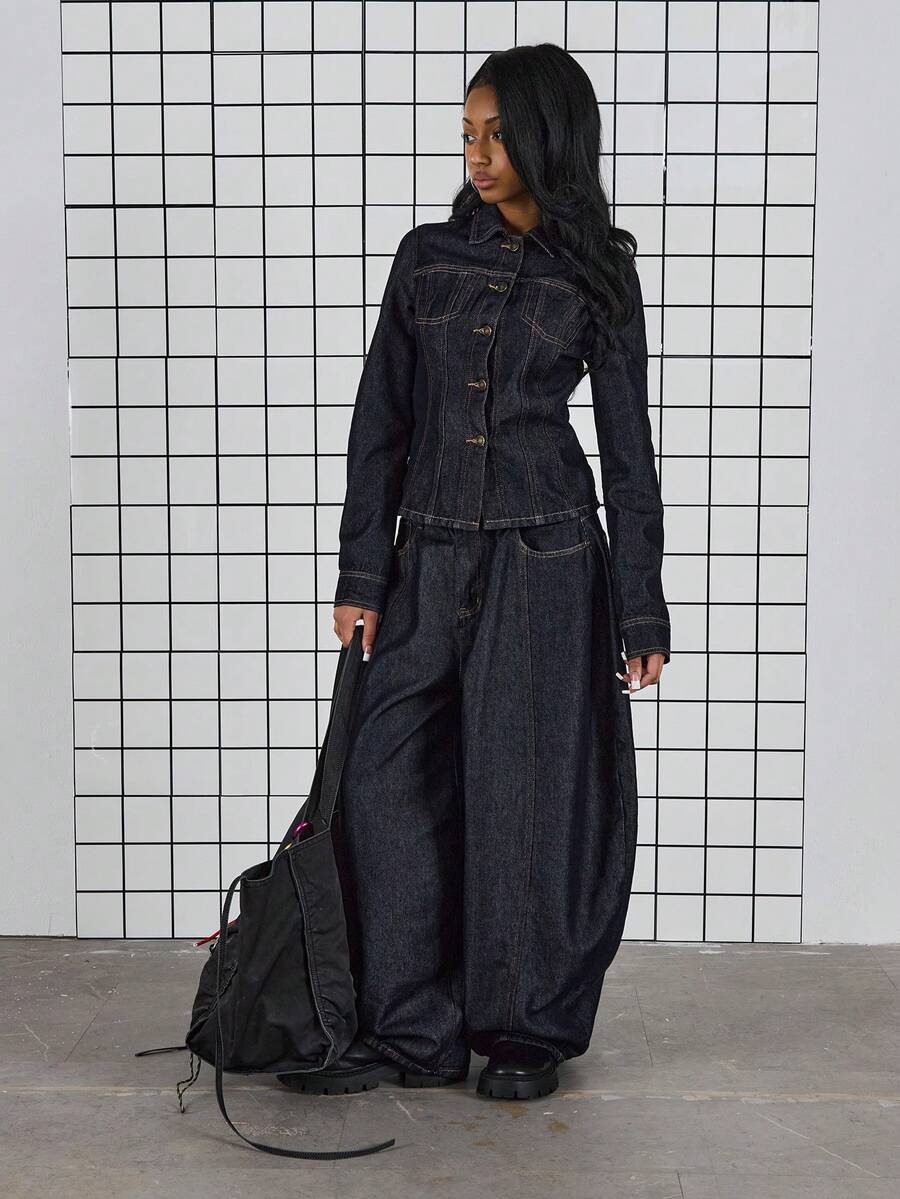 COUREZ Fitted Denim Jacket With Contrasting Seaming Detail /Y2K Spring Clothes For Women - Dark Wash - View 1