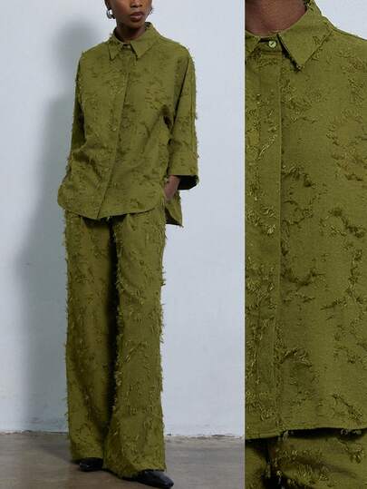 Aveloria Modichic 2pcs Olive Green & Yellow-Green Tassel Jacquard Fabric Blended Loose Shirt & Wide Leg High Waist Pants Set For Women