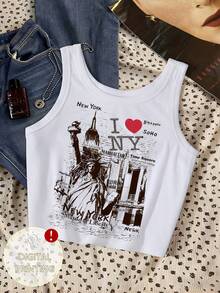 Glimmora Camiseta de tirantes ajustada de cuello redondo con estampado de la Estatua de la Libertad para mujer - Multicolor - Ver 1