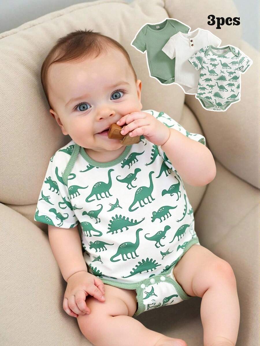 SHEIN 3件套男婴休闲罗纹连体衣套装，适合日常穿着，夏季 - 綠色 - 查看 1