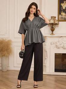 Modelyn Women's Solid Color Casual Stylish Multi-Layer Ruched Batwing Sleeve Deep V Loose Blouse - Grey - View 5