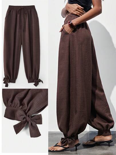 Maija Women's Solid Color Drawstring Waist Pockets Casual Loose Harem Pants, Summer Outfits, Summer Clothes , Summer Holiday Outfits, Spring Clothing, Valentine Outfits For Women, Beach Pants, Beach Outfit , Birthday Outfit For , Elegant Dress Women, Vacatio, Summer Holiday Outfits, Vacation Outfits For Women, Casual Pants, Brown Pants,Loose And Comfortable Baggy Pants Loose Pants