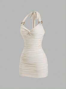 Sweetra Vestido mini ajustado con cuello en V, halter, retorcido y fruncido, de color albaricoque, estilo sexy, para primavera/verano - Albaricoque - Ver 1