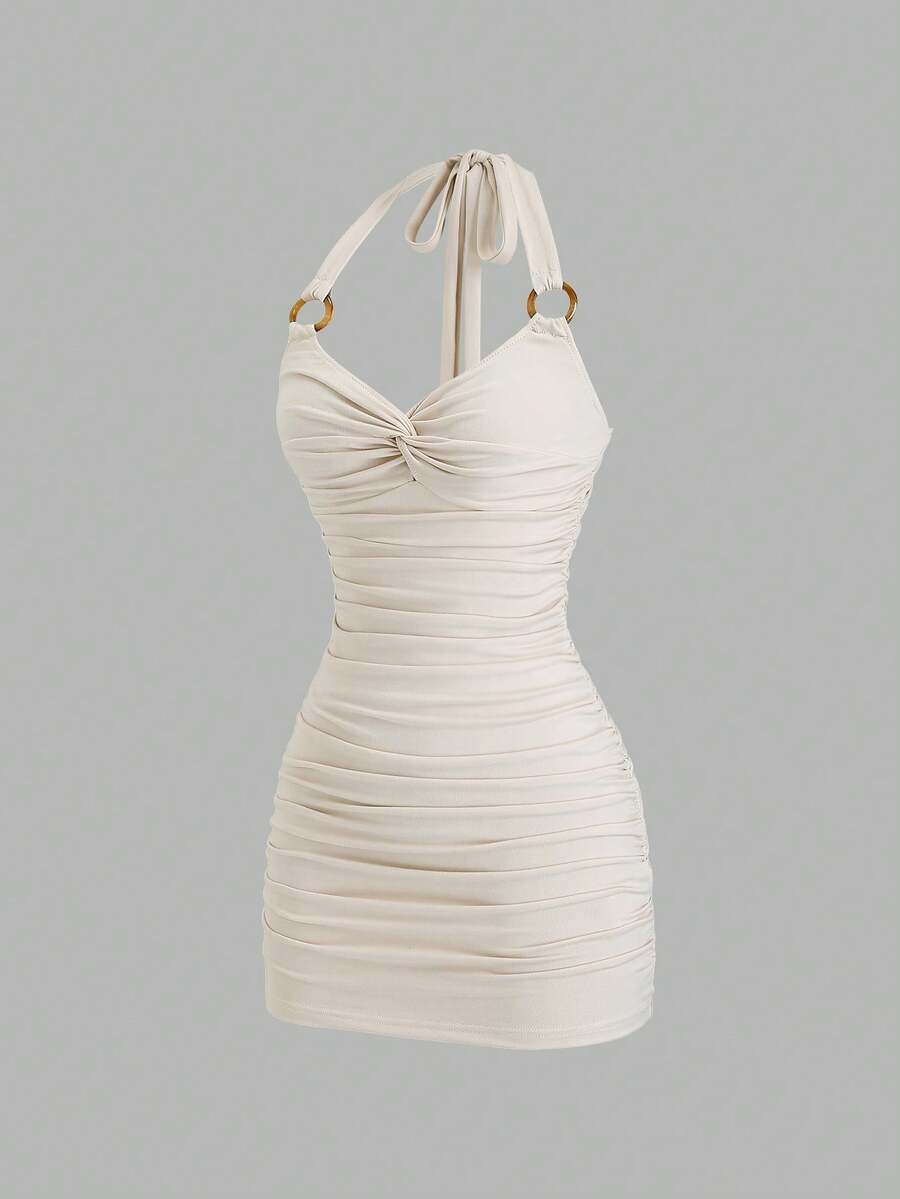 Sweetra Vestido mini ajustado con cuello en V, halter, retorcido y fruncido, de color albaricoque, estilo sexy, para primavera/verano - Albaricoque - Ver 1