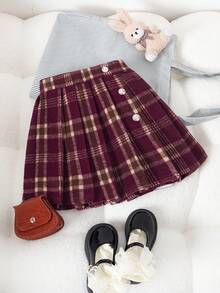 Genkimix Kids 秋冬新款时尚学院风女童格子A字百褶裙，简约优雅的穿搭 - 紅色 - 查看 3